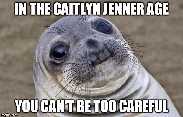 Awkward Moment Sealion Meme | IN THE CAITLYN JENNER AGE YOU CAN'T BE TOO CAREFUL | image tagged in memes,awkward moment sealion | made w/ Imgflip meme maker