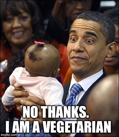 When someone hands Obama a baby.. | NO THANKS.   I AM A VEGETARIAN | image tagged in obama,shaking hands and kissing babies | made w/ Imgflip meme maker