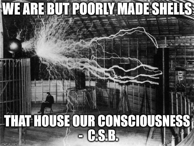 Tesla | WE ARE BUT POORLY MADE SHELLS; THAT HOUSE OUR CONSCIOUSNESS -  C.S.B. | image tagged in tesla | made w/ Imgflip meme maker