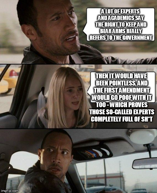 The Rock Driving Meme | A LOT OF EXPERTS AND ACADEMICS SAY THE RIGHT TO KEEP AND BEAR ARMS REALLY REFERS TO THE GOVERNMENT THEN IT WOULD HAVE BEEN POINTLESS, AND TH | image tagged in memes,the rock driving | made w/ Imgflip meme maker