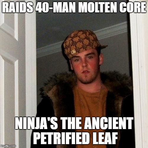 Scumbag Steve Meme | RAIDS 40-MAN MOLTEN CORE; NINJA'S THE ANCIENT PETRIFIED LEAF | image tagged in memes,scumbag steve | made w/ Imgflip meme maker