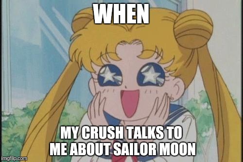 Sailor Moon Sparkly Eyes | WHEN; MY CRUSH TALKS TO ME ABOUT SAILOR MOON | image tagged in sailor moon sparkly eyes | made w/ Imgflip meme maker