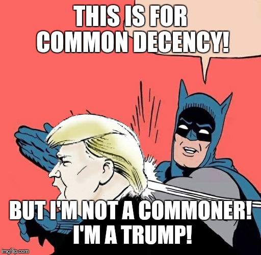 Batman slaps Trump | THIS IS FOR COMMON DECENCY! BUT I'M NOT A COMMONER! I'M A TRUMP! | image tagged in batman slaps trump | made w/ Imgflip meme maker