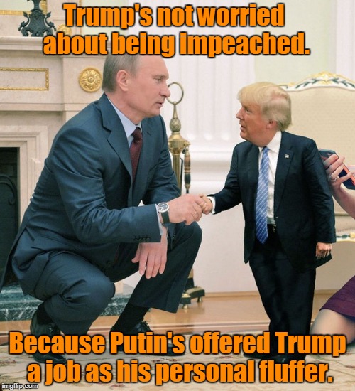 Putin's puppet Donny. | Trump's not worried about being impeached. Because Putin's offered Trump a job as his personal fluffer. | image tagged in trump,donald trump,vladimir putin,putin's puppet,drumpf | made w/ Imgflip meme maker