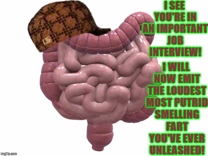 SCUMBAG COLON | I SEE YOU'RE IN AN IMPORTANT JOB INTERVIEW! I WILL NOW EMIT THE LOUDEST MOST PUTRID SMELLING FART YOU'VE EVER UNLEASHED! | image tagged in scumbag colon,scumbag | made w/ Imgflip meme maker