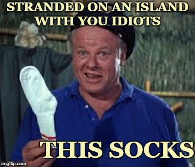 Skippering aint easy  | STRANDED ON AN ISLAND WITH YOU IDIOTS; THIS SOCKS | image tagged in gilligans island week,gilligan's island,gilligans island,funny,memes | made w/ Imgflip meme maker