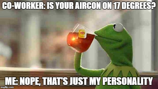 Kermit sipping tea | CO-WORKER: IS YOUR AIRCON ON 17 DEGREES? ME: NOPE, THAT'S JUST MY PERSONALITY | image tagged in kermit sipping tea | made w/ Imgflip meme maker