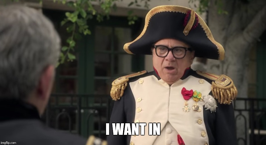 I WANT IN | image tagged in danny devito,coffee,george clooney | made w/ Imgflip meme maker