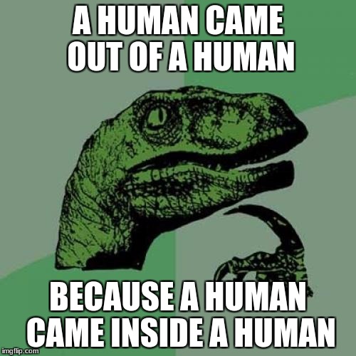 Philosoraptor | A HUMAN CAME OUT OF A HUMAN; BECAUSE A HUMAN CAME INSIDE A HUMAN | image tagged in memes,philosoraptor | made w/ Imgflip meme maker