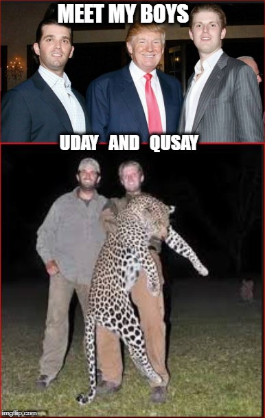 American Saddam Hussein | MEET MY BOYS; UDAY   AND   QUSAY | image tagged in donald trump,trump,donald trump approves,dump trump | made w/ Imgflip meme maker