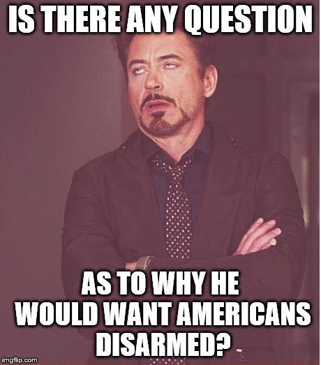 Face You Make Robert Downey Jr Meme | IS THERE ANY QUESTION AS TO WHY HE WOULD WANT AMERICANS DISARMED? | image tagged in memes,face you make robert downey jr | made w/ Imgflip meme maker