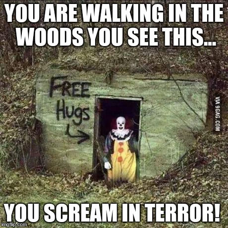 Hugging Pennywise | YOU ARE WALKING IN THE WOODS YOU SEE THIS... YOU SCREAM IN TERROR! | image tagged in scary clown | made w/ Imgflip meme maker