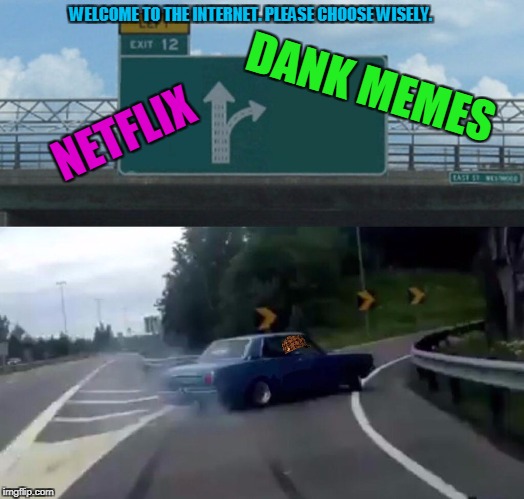 Left Exit 12 Off Ramp | WELCOME TO THE INTERNET. PLEASE CHOOSE WISELY. DANK MEMES; NETFLIX | image tagged in memes,left exit 12 off ramp,scumbag | made w/ Imgflip meme maker