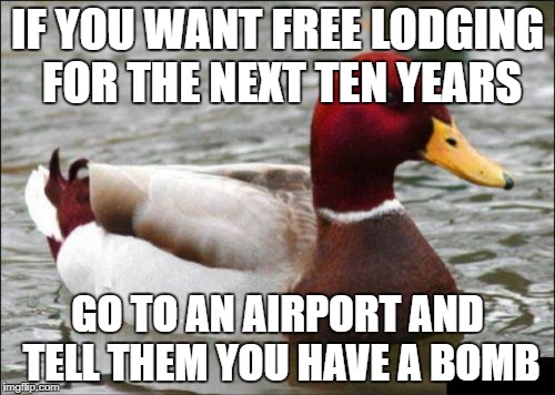 Malicious Advice Mallard Meme | IF YOU WANT FREE LODGING FOR THE NEXT TEN YEARS; GO TO AN AIRPORT AND TELL THEM YOU HAVE A BOMB | image tagged in memes,malicious advice mallard | made w/ Imgflip meme maker