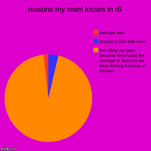reasons my team losses in r6 | me killing my team because they fuzed the hostage or because we keep lossing because of hackers, (hackers) li | image tagged in funny,pie charts | made w/ Imgflip chart maker