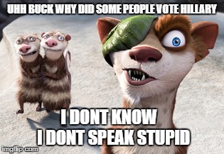 ice age buck crash and eddie | UHH BUCK WHY DID SOME PEOPLE VOTE HILLARY; I DONT KNOW   I DONT SPEAK STUPID | image tagged in ice age,memes | made w/ Imgflip meme maker