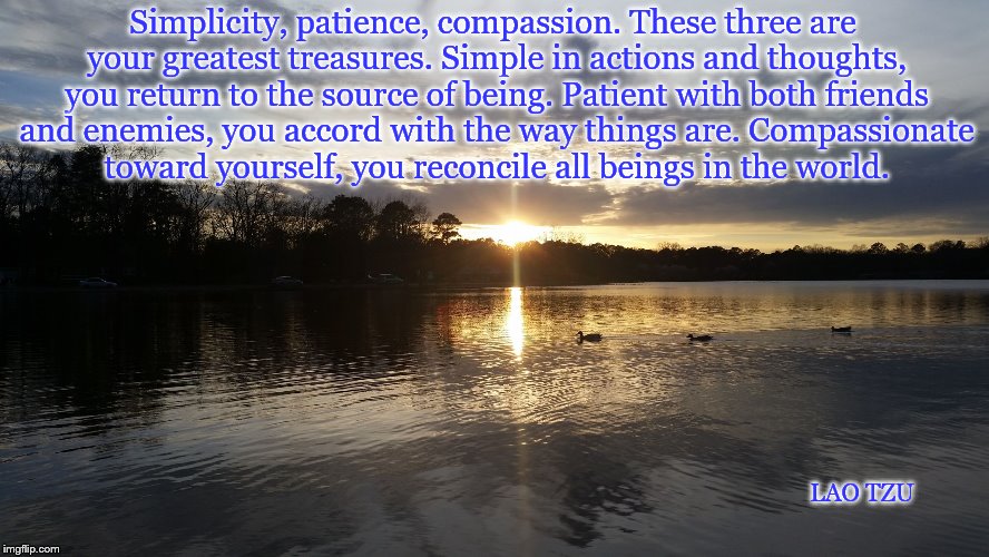 Tranquility | Simplicity, patience, compassion.
These three are your greatest treasures.
Simple in actions and thoughts, you return to the source of being.
Patient with both friends and enemies,
you accord with the way things are.
Compassionate toward yourself,
you reconcile all beings in the world. LAO TZU | image tagged in tranquility | made w/ Imgflip meme maker