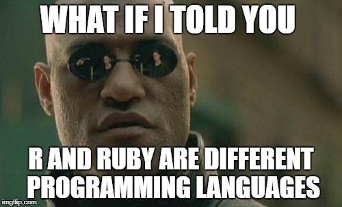 Matrix Morpheus Meme | WHAT IF I TOLD YOU; R AND RUBY ARE DIFFERENT PROGRAMMING LANGUAGES | image tagged in memes,matrix morpheus | made w/ Imgflip meme maker