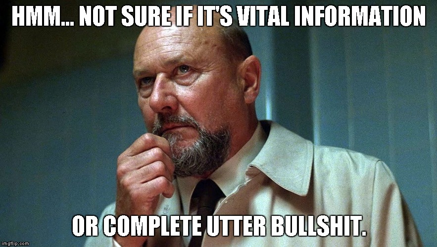Dr. Sam Loomis In Deep Thought | HMM... NOT SURE IF IT'S VITAL INFORMATION; OR COMPLETE UTTER BULLSHIT. | image tagged in dr sam loomis in deep thought | made w/ Imgflip meme maker