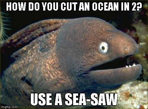 Bad Joke Eel | HOW DO YOU CUT AN OCEAN IN 2? USE A SEA-SAW | image tagged in memes,bad joke eel | made w/ Imgflip meme maker