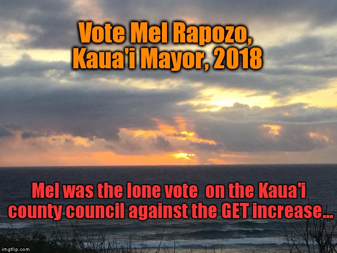 Vote Mel Rapozo #2 | Vote Mel Rapozo, Kaua'i Mayor, 2018; Mel was the lone vote  on the Kaua'i county council against the GET increase... | image tagged in mel rapozo,kauai mayor | made w/ Imgflip meme maker