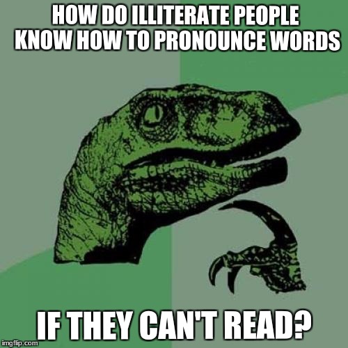 Philosoraptor | HOW DO ILLITERATE PEOPLE KNOW HOW TO PRONOUNCE WORDS; IF THEY CAN'T READ? | image tagged in memes,philosoraptor,funny memes | made w/ Imgflip meme maker