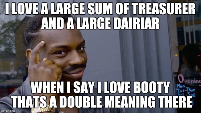 Roll Safe Think About It | I LOVE A LARGE SUM OF TREASURER AND A LARGE DAIRIAR; WHEN I SAY I LOVE BOOTY THATS A DOUBLE MEANING THERE | image tagged in memes,roll safe think about it | made w/ Imgflip meme maker