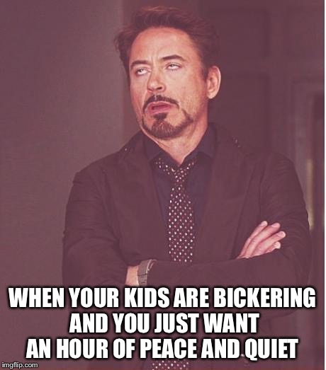 Face You Make Robert Downey Jr Meme | WHEN YOUR KIDS ARE BICKERING AND YOU JUST WANT AN HOUR OF PEACE AND QUIET | image tagged in memes,face you make robert downey jr | made w/ Imgflip meme maker