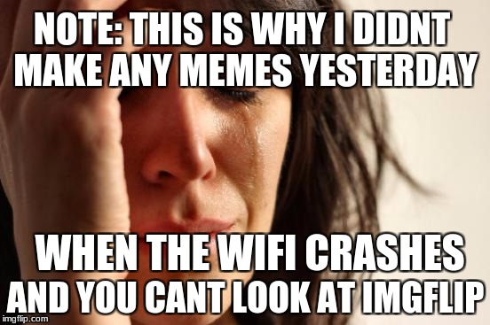 First World Problems | NOTE: THIS IS WHY I DIDNT MAKE ANY MEMES YESTERDAY; AND YOU CANT LOOK AT IMGFLIP; WHEN THE WIFI CRASHES | image tagged in memes,first world problems | made w/ Imgflip meme maker