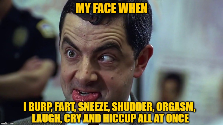 My Face When Everything | MY FACE WHEN; I BURP, FART, SNEEZE, SHUDDER, ORGASM, LAUGH, CRY AND HICCUP ALL AT ONCE | image tagged in meme,bean,my face when | made w/ Imgflip meme maker