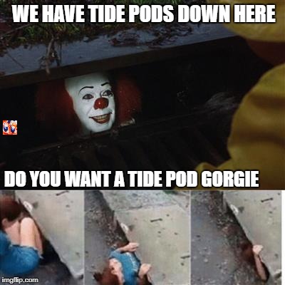 pennywise in sewer | WE HAVE TIDE PODS DOWN HERE; DO YOU WANT A TIDE POD GORGIE | image tagged in pennywise in sewer | made w/ Imgflip meme maker