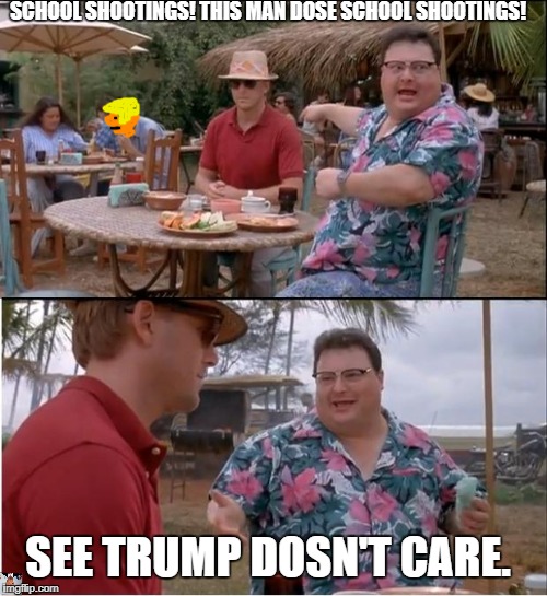 See Nobody Cares Meme | SCHOOL SHOOTINGS! THIS MAN DOSE SCHOOL SHOOTINGS! SEE TRUMP DOSN'T CARE. | image tagged in memes,see nobody cares | made w/ Imgflip meme maker