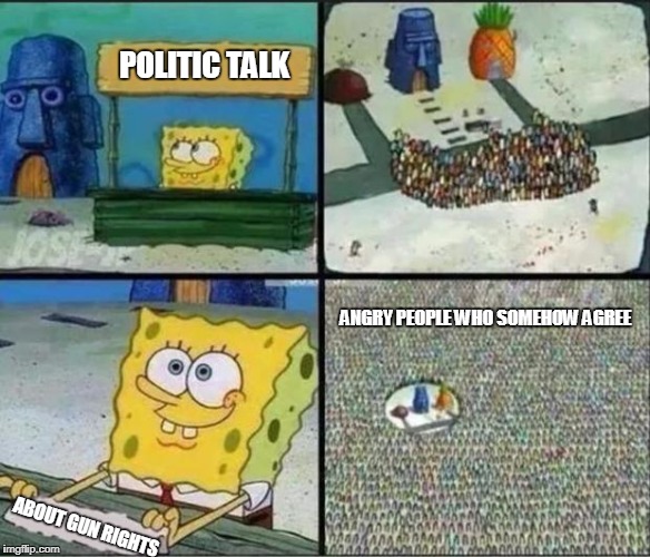 Spongebob Hype Stand | POLITIC TALK; ANGRY PEOPLE WHO SOMEHOW AGREE; ABOUT GUN RIGHTS | image tagged in spongebob hype stand | made w/ Imgflip meme maker