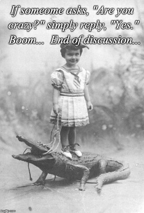 If someone asks... | If someome asks, "Are you crazy?" simply reply, "Yes."  Boom...  End of discussion... | image tagged in crazy,yes,boom,discussion | made w/ Imgflip meme maker