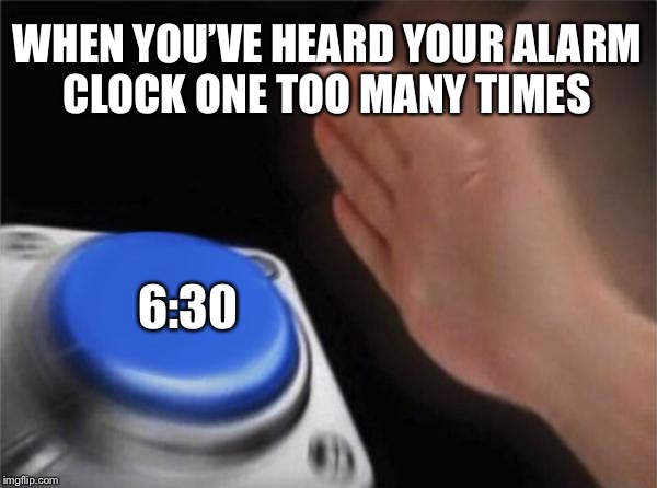 Alarms | WHEN YOU’VE HEARD YOUR ALARM CLOCK ONE TOO MANY TIMES; 6:30 | image tagged in memes,blank nut button | made w/ Imgflip meme maker