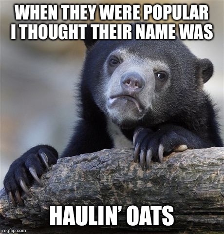 Confession Bear Meme | WHEN THEY WERE POPULAR I THOUGHT THEIR NAME WAS HAULIN’ OATS | image tagged in memes,confession bear | made w/ Imgflip meme maker