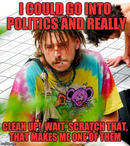 Stoner PhD |  I COULD GO INTO POLITICS AND REALLY; CLEAN UP!  WAIT, SCRATCH THAT, THAT MAKES ME ONE OF THEM | image tagged in memes,stoner phd | made w/ Imgflip meme maker