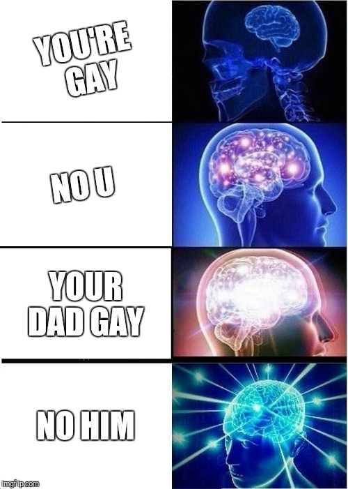 Expanding Brain | YOU'RE GAY; NO U; YOUR DAD GAY; NO HIM | image tagged in memes,expanding brain | made w/ Imgflip meme maker