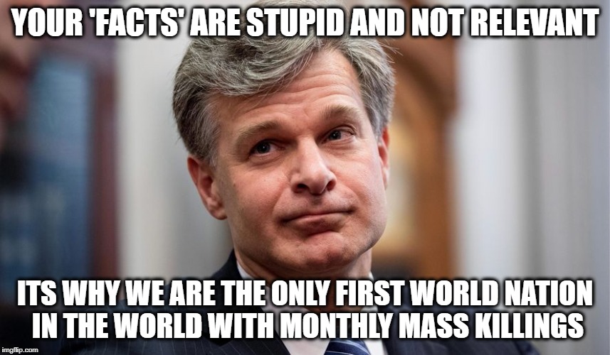 YOUR 'FACTS' ARE STUPID AND NOT RELEVANT ITS WHY WE ARE THE ONLY FIRST WORLD NATION IN THE WORLD WITH MONTHLY MASS KILLINGS | made w/ Imgflip meme maker