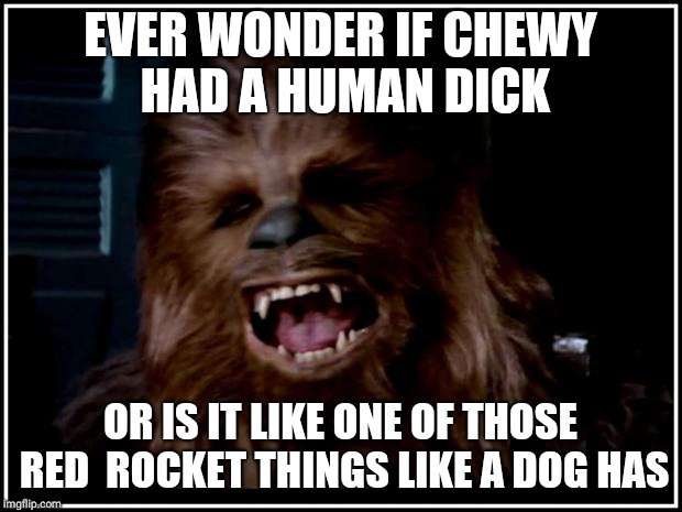 chewbacca | EVER WONDER IF CHEWY HAD A HUMAN DICK; OR IS IT LIKE ONE OF THOSE RED  ROCKET THINGS LIKE A DOG HAS | image tagged in chewbacca | made w/ Imgflip meme maker