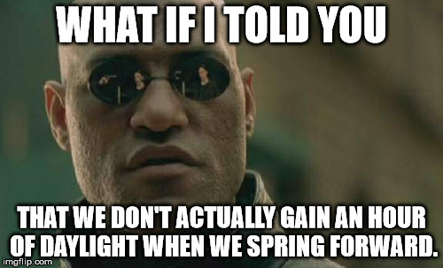 Matrix Morpheus Meme | WHAT IF I TOLD YOU; THAT WE DON'T ACTUALLY GAIN AN HOUR OF DAYLIGHT WHEN WE SPRING FORWARD. | image tagged in memes,matrix morpheus | made w/ Imgflip meme maker