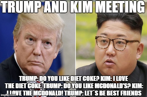 TK | TRUMP AND KIM MEETING; TRUMP: DO YOU LIKE DIET COKE? KIM: I LOVE THE DIET COKE. TRUMP: DO YOU LIKE MCDONALD'S? KIM: I LOVE THE MCDONALD! TRUMP: LET´S BE BEST FRIENDS | image tagged in funny memes | made w/ Imgflip meme maker