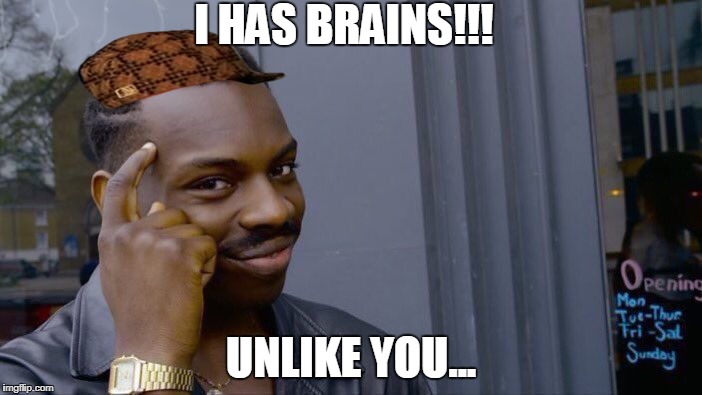 Roll Safe Think About It Meme | I HAS BRAINS!!! UNLIKE YOU... | image tagged in memes,roll safe think about it,scumbag | made w/ Imgflip meme maker