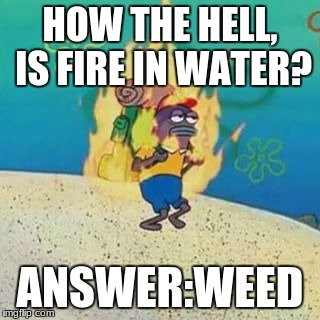 spongebob on fire | HOW THE HELL, IS FIRE IN WATER? ANSWER:WEED | image tagged in spongebob on fire | made w/ Imgflip meme maker