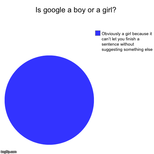 Is google a boy or a girl? | Obviously a girl because it can’t let you finish a sentence without suggesting something else | image tagged in funny,pie charts | made w/ Imgflip chart maker