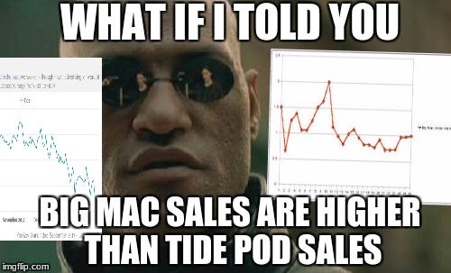 Matrix Morpheus | WHAT IF I TOLD YOU; BIG MAC SALES ARE HIGHER THAN TIDE POD SALES | image tagged in memes,matrix morpheus | made w/ Imgflip meme maker