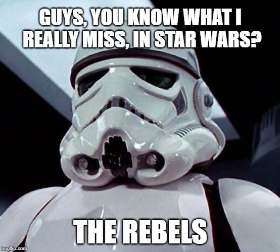 Stormtrooper misses them so much! ;) | GUYS, YOU KNOW WHAT I REALLY MISS, IN STAR WARS? THE REBELS | image tagged in stormtrooper,rebels,memes,misfire,miss you,failure | made w/ Imgflip meme maker