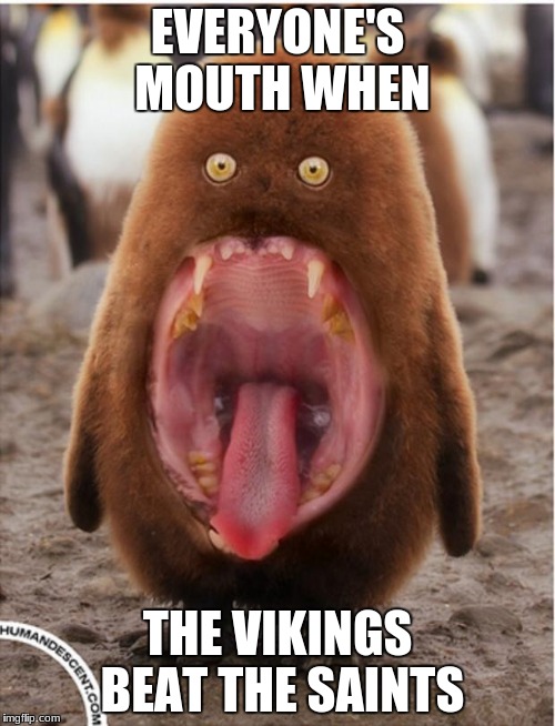 Hairy big mouth penguin | EVERYONE'S MOUTH WHEN; THE VIKINGS BEAT THE SAINTS | image tagged in hairy big mouth penguin | made w/ Imgflip meme maker