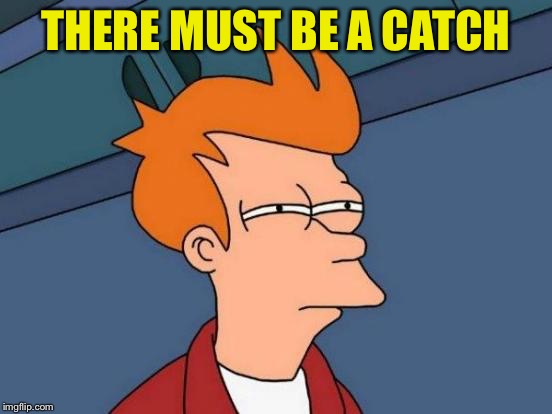 Futurama Fry Meme | THERE MUST BE A CATCH | image tagged in memes,futurama fry | made w/ Imgflip meme maker