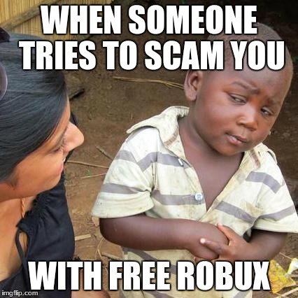 Third World Skeptical Kid | WHEN SOMEONE TRIES TO SCAM YOU; WITH FREE ROBUX | image tagged in memes,third world skeptical kid | made w/ Imgflip meme maker